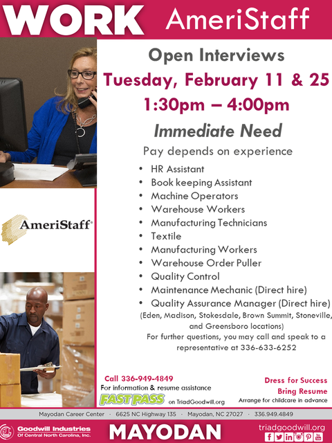 Open Interviews- Mayodan Goodwill Career Center 