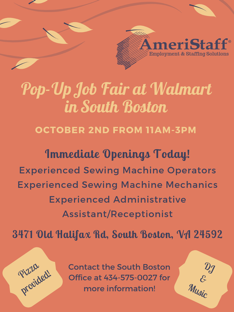 Pop-Up Job Fair at Walmart in South Boston, VA