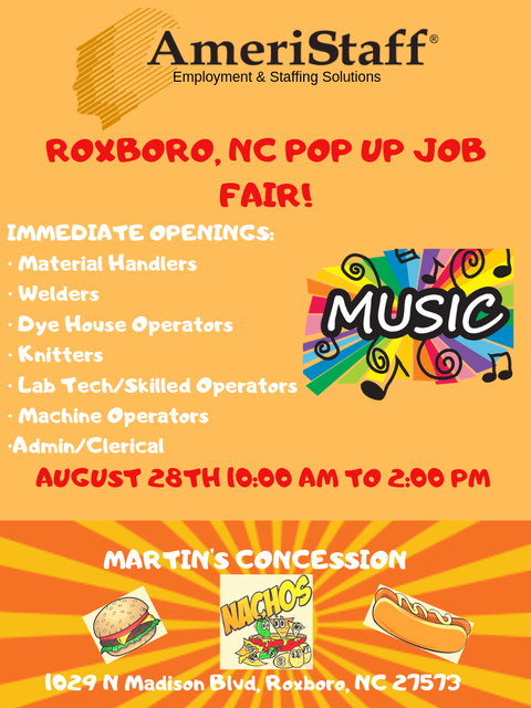 Roxboro, NC AmeriStaff pop up Job Fair