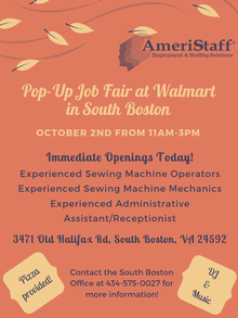 Pop-Up Job Fair at Walmart in South Boston, VA